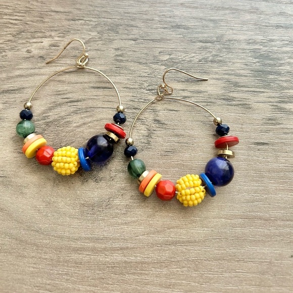 Colorful Gold Multi Color Beaded Hoop Earrings-New - Picture 2 of 7